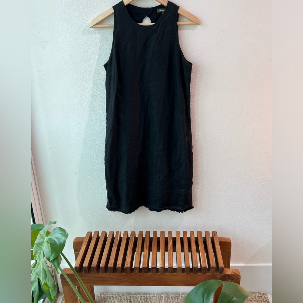 Tommy Bahama Two Palms Linen Shift Dress Sleeveless Fringe Hem Black Size XS